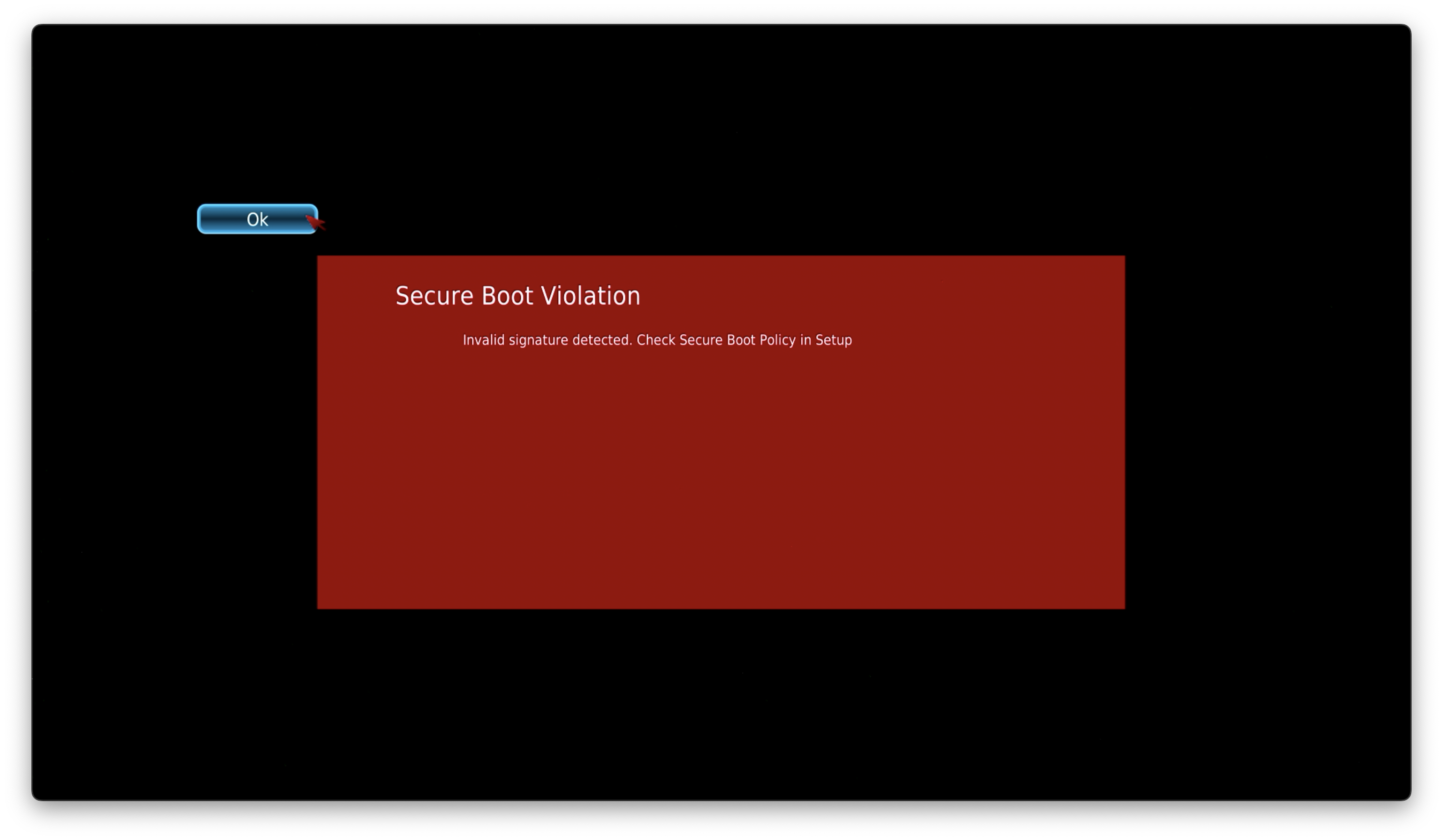 Screenshot showing error message - secure boot violation