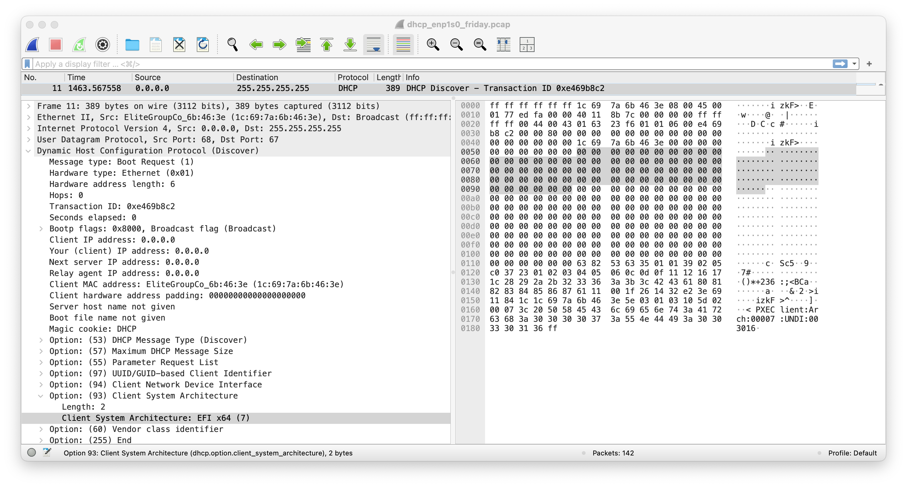 Wireshark screenshot - DHCP client architecture type